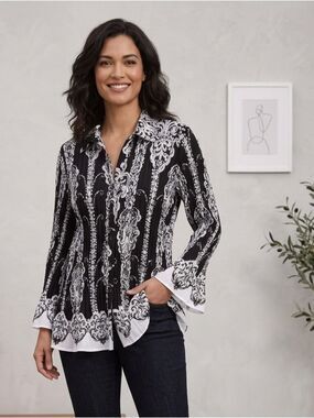 Take 50% OFF- New York City Black&White Patterned Women's Button-Front Top,Sz-1X